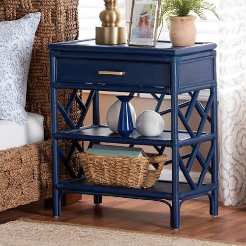 Bali & pari Daina Natural Rattan Nightstand with Drawer and Open Shelves– Coastal Bedside Table with Geometric Design, Blue | Amazon (US)