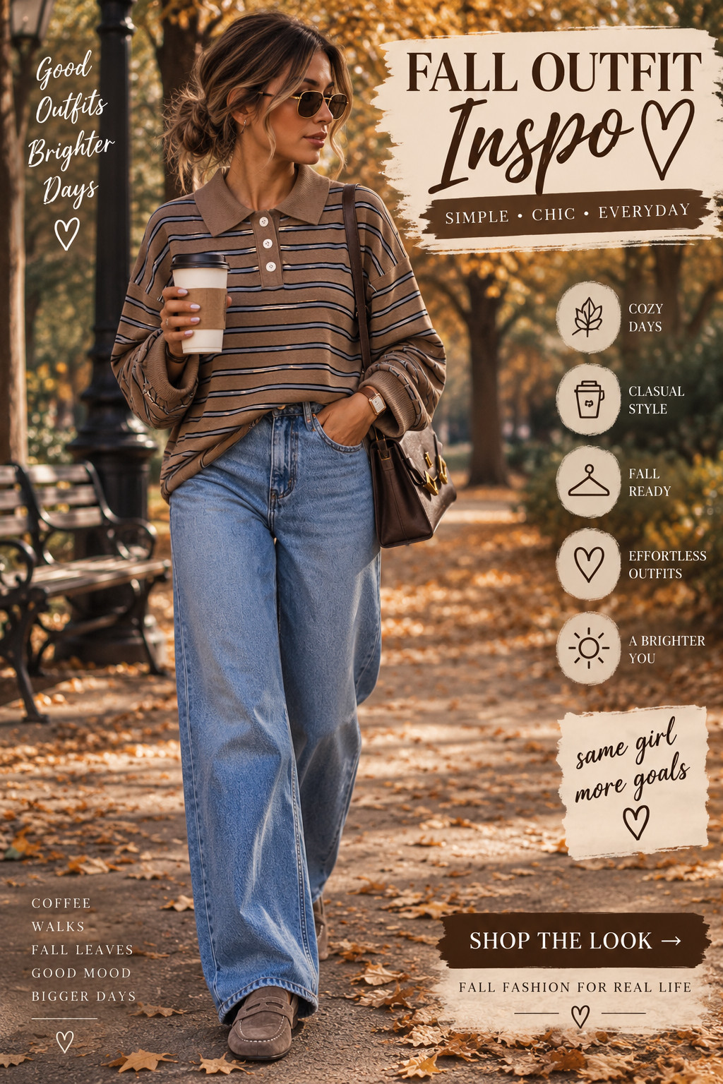 Easy fall outfit inspo 🤎🍂 A striped collared sweater paired with relaxed wide leg jeans, brown loafers and a classic shoulder bag. The perfect casual fall outfit for coffee runs, errands, travel days or an everyday cozy look.
 

 #LTKootd #LTKSeasonal #LTKMidsize