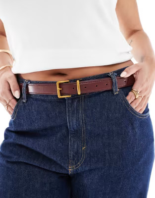ASOS DESIGN Curve waist and hip belt with square buckle in burgundy | ASOS (Global)