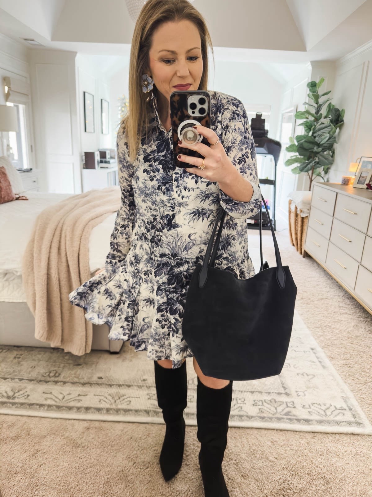 This navy toile dress is 65% off today and is perfect for any occasion, from work to day night. My boots, suede tote bag and earrings are on sale today too! work outfit ladies outfit date night outfit suede boots

#LTKOver40 #LTKWorkwear #LTKSaleAlert