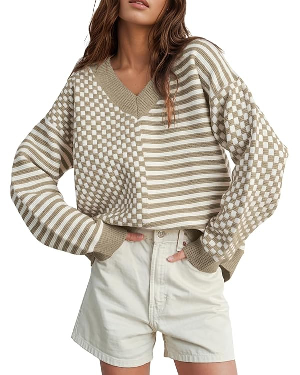 UNCLECAT V Neck Knit Sweater Pullover Tops | Amazon (US)