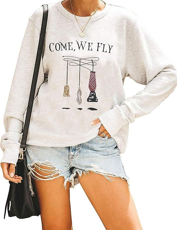 Long Sleeve Casual Sweatshirt For Women Halloween Come We Fly Funny Letter Graphic Pullover Fleece T | Amazon (US)