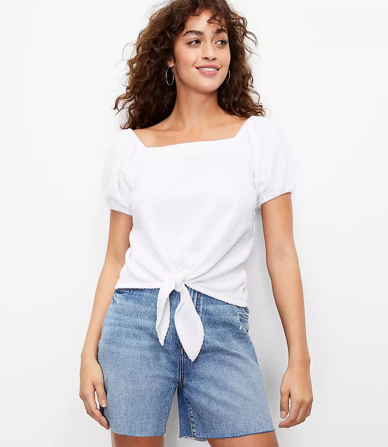 Seersucker Tie Front Square Neck Top | LOFT