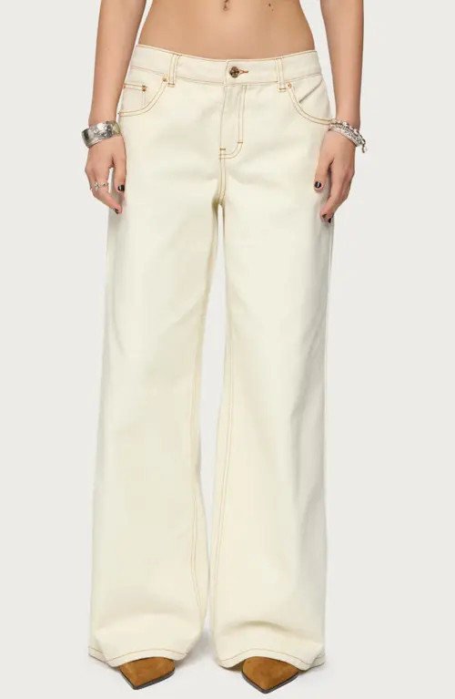 EDIKTED Contrast Stitch Low Rise Wide Leg Jeans in Cream at Nordstrom, Size Small | Nordstrom
