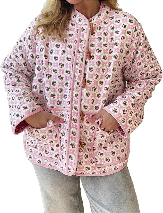 Dqbeng Womens Quilted Jacket Lightweight Floral Print Button Down Padded Puffer Cardigan Coat Out... | Amazon (US)