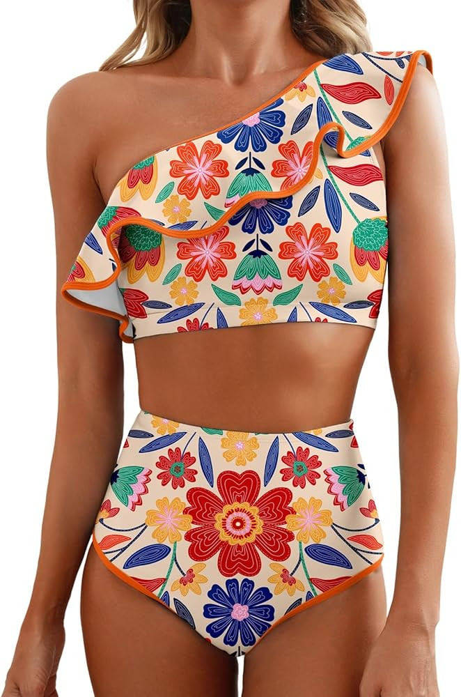 Herseas Women's One Shoulder Bikini Sets Color Block Trim Ruffle Hem Swimsuits Elegant Bathing Su... | Amazon (US)