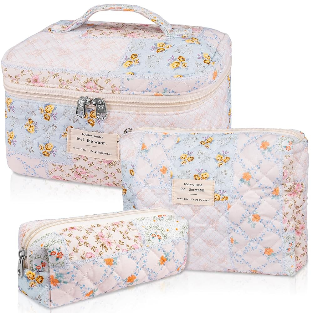 Makeup Bag Set, Quilted Makeup Bag, Large Floral Cosmetic Bag for Women, Cute Cotton Makeup Bags,... | Amazon (US)