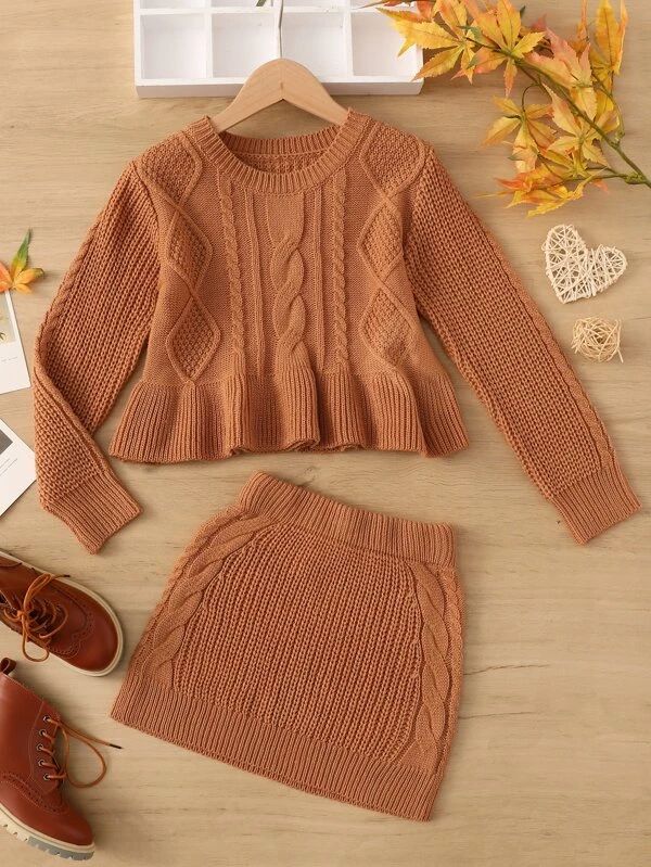 Girls Cable Knit Peplum Sweater & Knit Skirt
   
      SKU: sk2207061120738190
          (20 Revi... | SHEIN