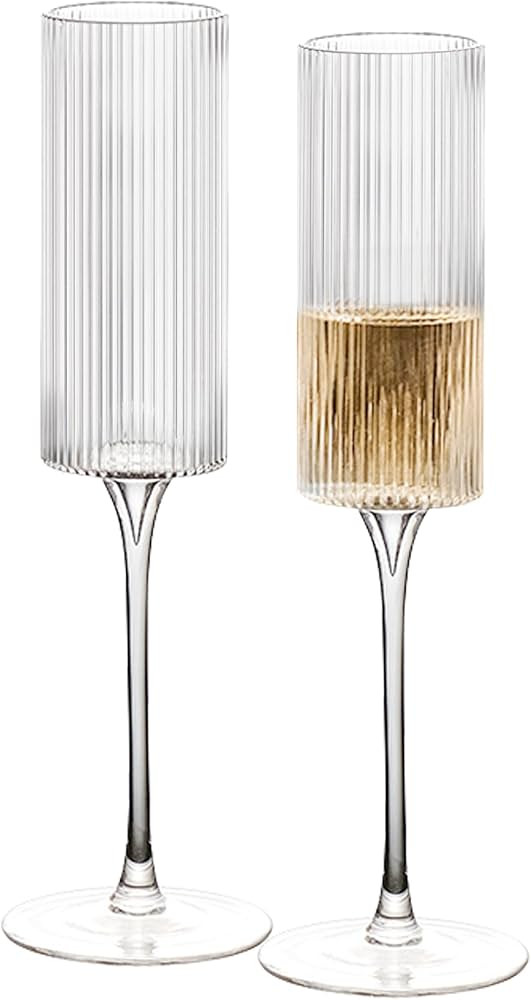 Ribbed Champagne Glasses | Unique Fluted Design | Tall Champagne Glasses with Long Stem | Fancy a... | Amazon (US)
