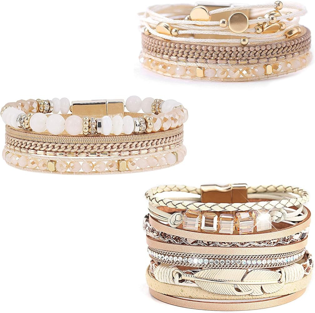 Leather Wrap Bracelet Set 3Pack Wrist Cuff Bracelet for Women Girls Multilayer Magnetic Clasp Bra... | Amazon (US)