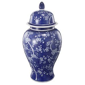 Benjara 9.5" Modern Ceramic Well Designed Flowers Ginger Jar in Blue | Cymax