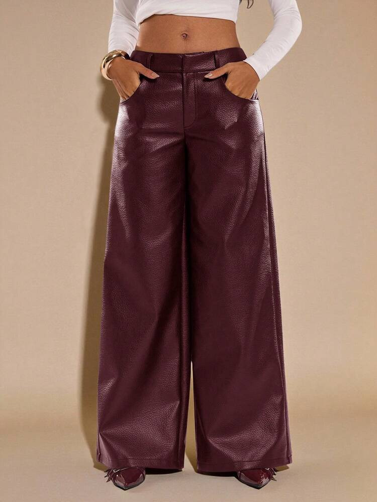 SHEIN BAE Women's Solid Color Pocket Wide Leg Loose Casual Pants Pants Wide Leg Leather Pants For Women,Fall,Fall Clothes For Women,Winter Clothes For Women | SHEIN