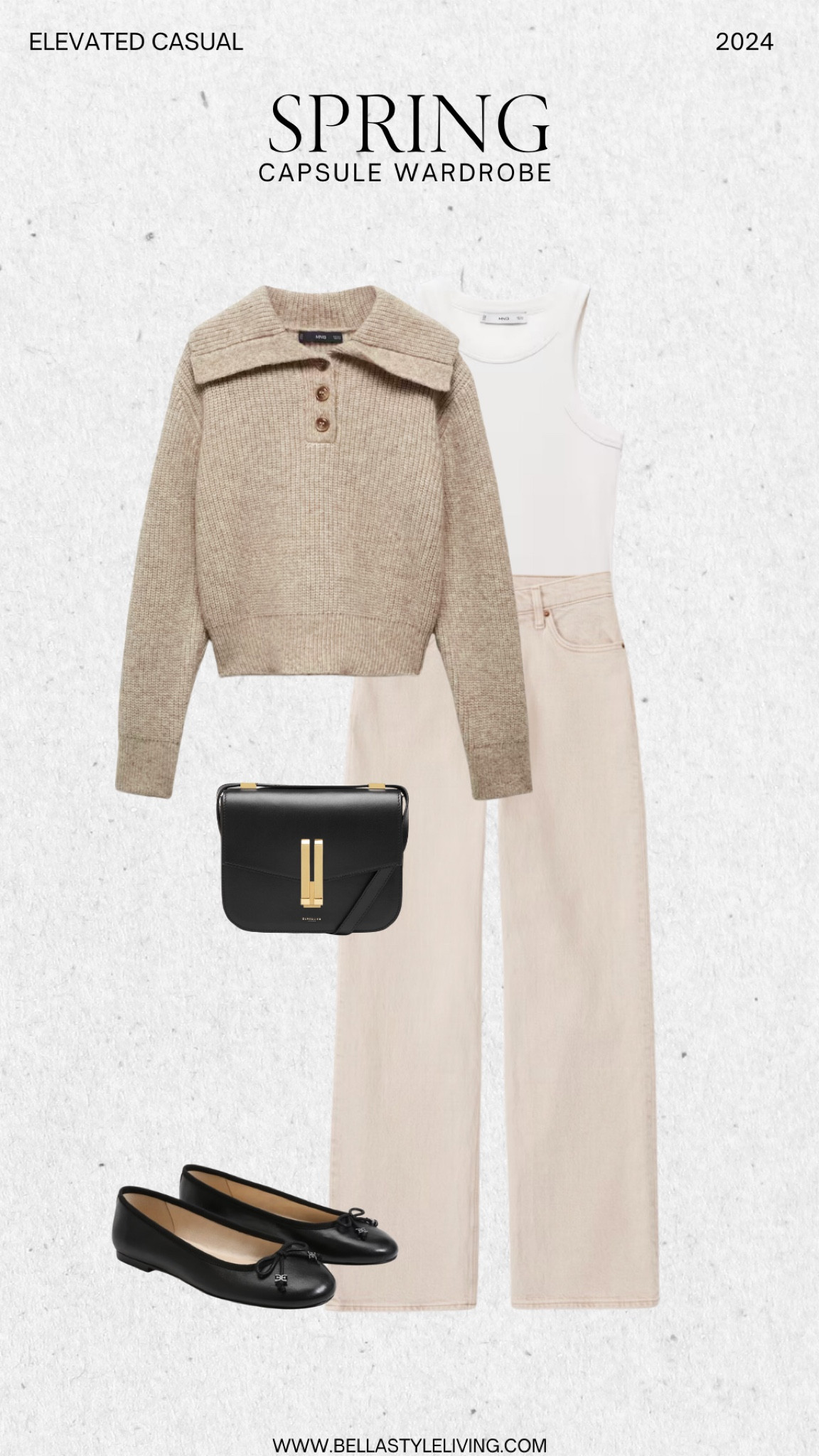 Spring capsule wardrobe with light denim pants and white tank top. Pair with black accents like a black Demellier crossbody and black ballet flats.

#LTKstyletip #LTKitbag #LTKfindsunder100