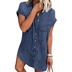 Zilcremo Women Summer Short Sleeve Button Down Denim Shirt Dress | Distressed Jean Fabric,Lightwe... | Amazon (US)