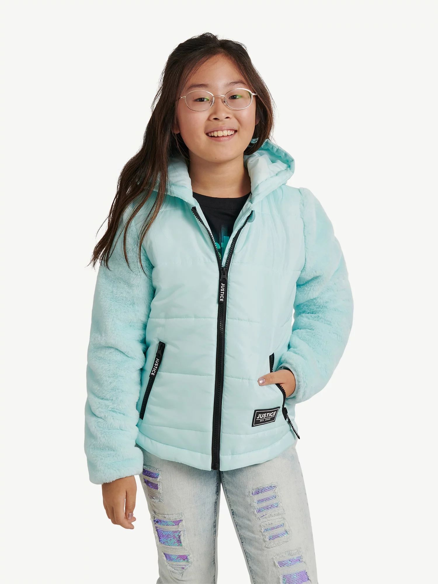 Justice Girls Full Zip Long Sleeve Mixed Media Jacket with Hood, Sizes 5-18 | Walmart (US)