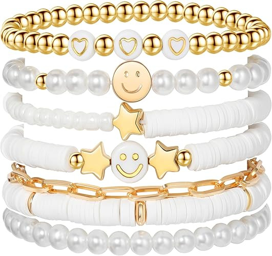 Preppy Bracelets Set Colorful White Gold Smile Heart Star Polymer Beaded Pearl Clay Stackable Cha... | Amazon (US)