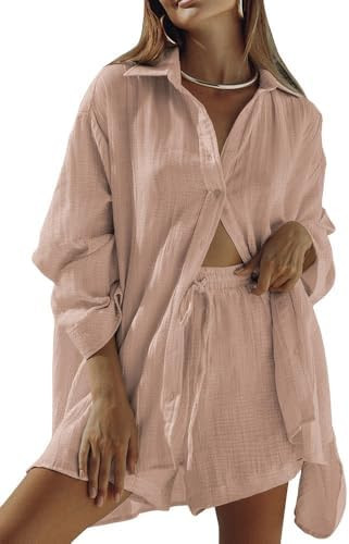 Fixmatti Women 2 Piece Outfits Long Sleeve Button Down Blouse and Shorts Sweatsuit Sets | Amazon (US)