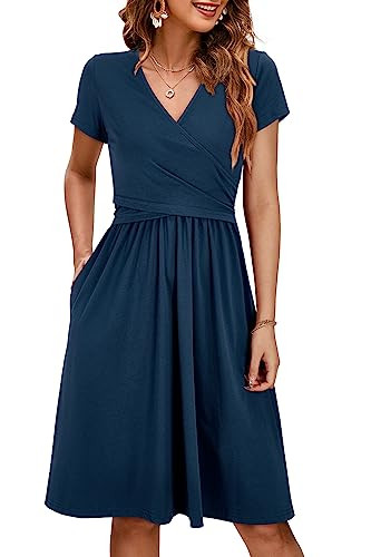 OUGES Women's Summer Short Sleeve V Neck Midi Dress with Pockets Maternity Clothes Nursing Dresses 2025(Navy,M) | Amazon (US)