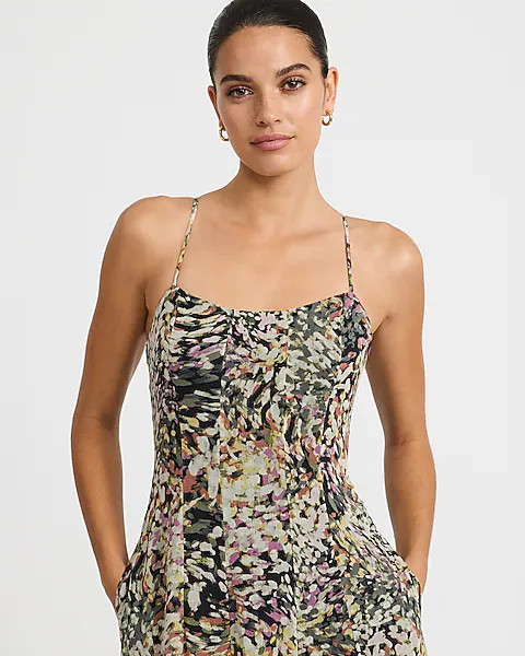 Chiffon Printed Scoop Neck Seamed Maxi Dress with Pockets | Express