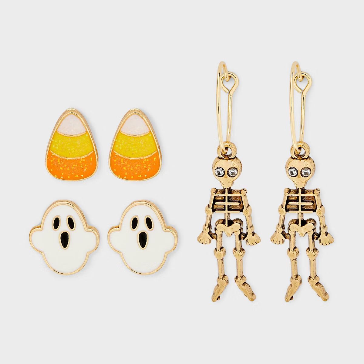 Halloween Candy Skeleton Ghost Earring Set 3pc - White/Orange/Gold | Target