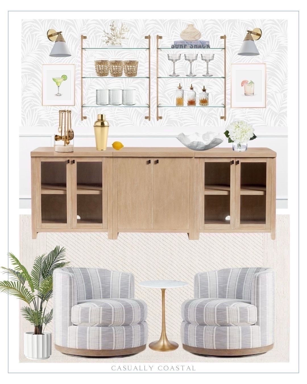 By request, a home bar design! 🍸🥃 
—— 
coastal home decor, coastal furniture, coastal home bar, coastal rug, coastal accent chair, coastal faux plant, coastal wood vase, Amazon vase, white marble round accent table, coastal accent table, floral wallpaper, coastal wallpaper, indoor outdoor planter pot, wood base swivel chair, coastal swivel chair, striped accent chairs, living room chairs, bitters bottle, cocktail bottles, glass dasher bottles, coral decorative sculpture, Areca palm faux tree, cane webbing candleholders, vase filler, bar ware bar tools, gold bar tools with stand, decorative bowl, coastal bowl, wall sconce, hammered drinking glasses, clear drinking glasses, vintage coupe glasses, cocktail glasses, ceramic bamboo wine bucket, pineapple cocktail shaker, gold glass antique wall shelf, coastal wall shelf, Etsy artwork, margarita wall art, grapefruit Paloma art, Wayfair rug, neutral rug, coastal buffet with cabinet, bar furniture, sitting room, cocktail room, cocktail art, lounge ideas, cocktail lounge, bar cart decor

#LTKHome