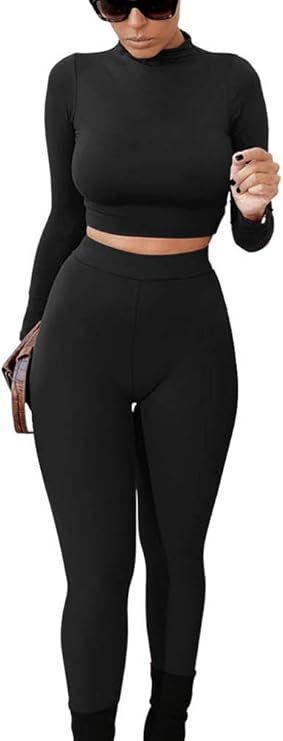 GOKATOSAU Women's Sexy 2 Piece Outfits Long Sleeve Crop Top Pants Set Club Jumpsuits | Amazon (US)