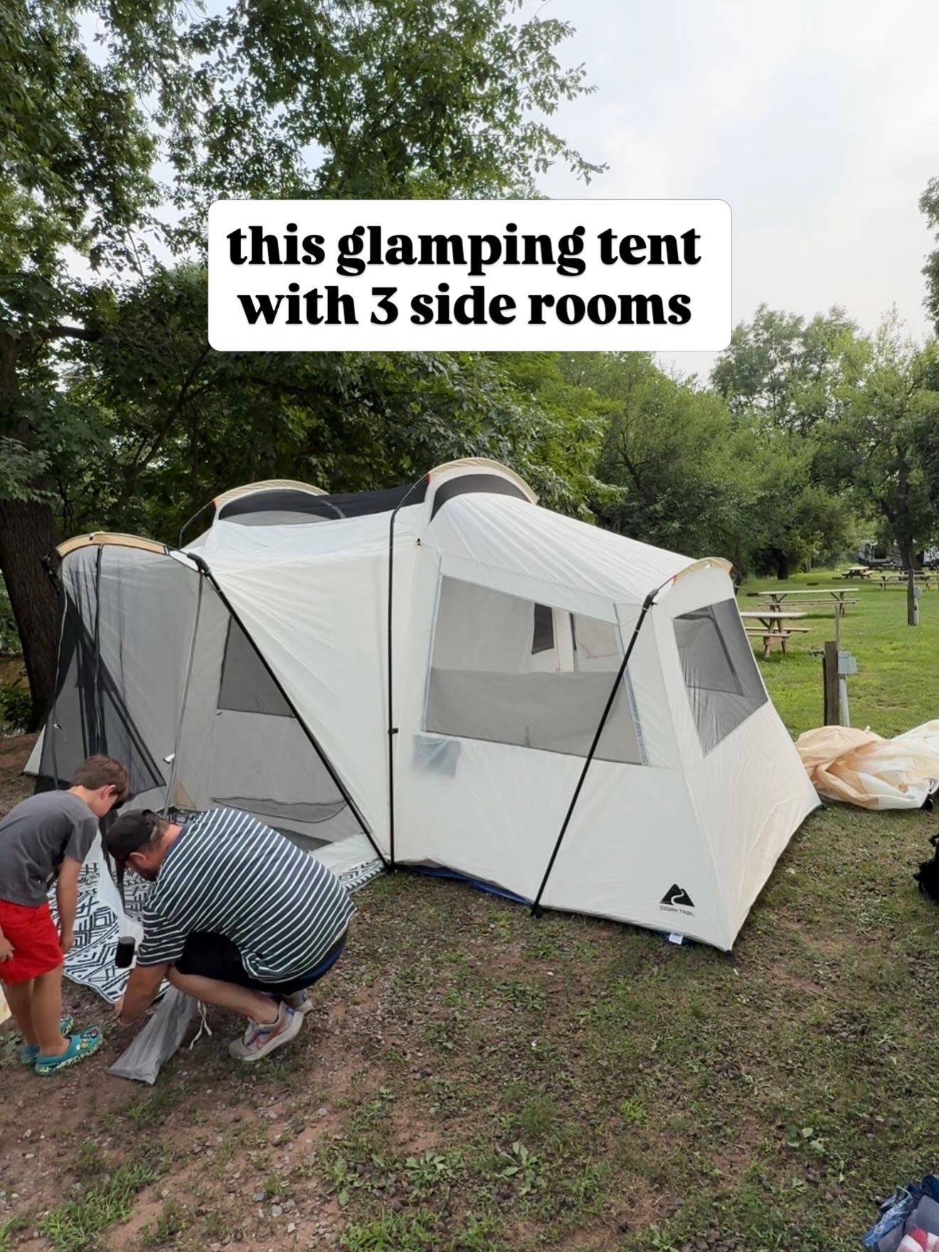 This glamping-style tent was one of our favorite parts of our first family camping trip! It has three separate side rooms, including a stargazing roof on the back, which gave our family of four + our dog plenty of space. My husband and I had a queen air mattress in the main area, the kids had their own toddler air mattresses in one side room, and we used another room for an inflatable couch, the dog crate, and some of our luggage. It's not an instant tent, but we found it surprisingly easy to set up—and the color-coded poles made putting it together much less confusing!

#LTKActive #LTKTravel #LTKdayinmylife