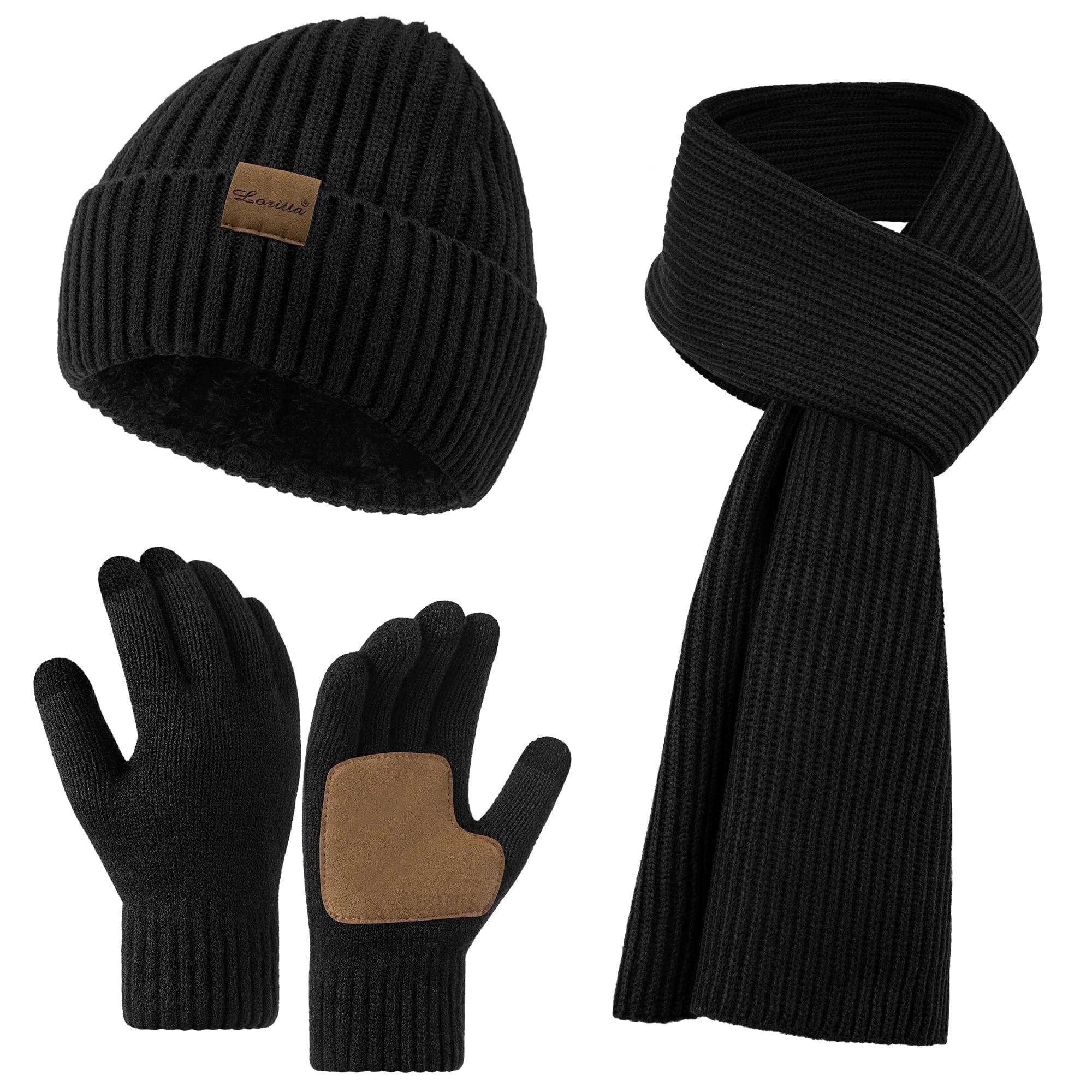 Loritta 3 Pcs Beanie Hat Long Scarf No-Slip Touch Screen Gloves for Men Women, Black | Walmart (US)