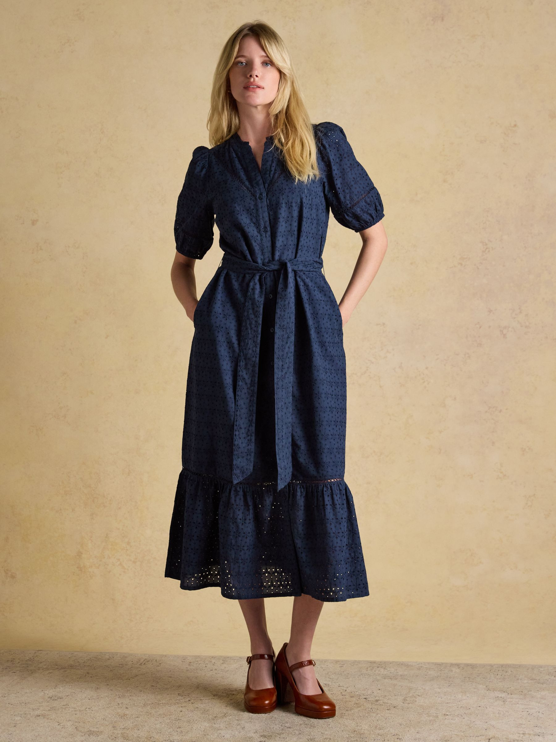 Susanna Navy Short Sleeve Broderie Midi Dress | Joules | Joules