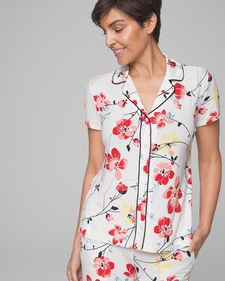 Soma Cool Nights Short Sleeve Notch Collar Pajama Top, Sublime Floral Ivory, Size L | Soma Intimates