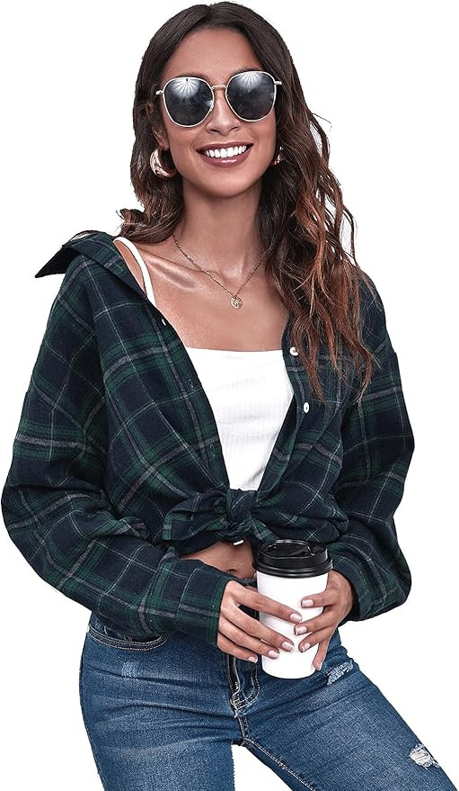 SweatyRocks Women's Long Sleeve Collar Long Button Down Plaid Shirt Blouse Tops | Amazon (US)