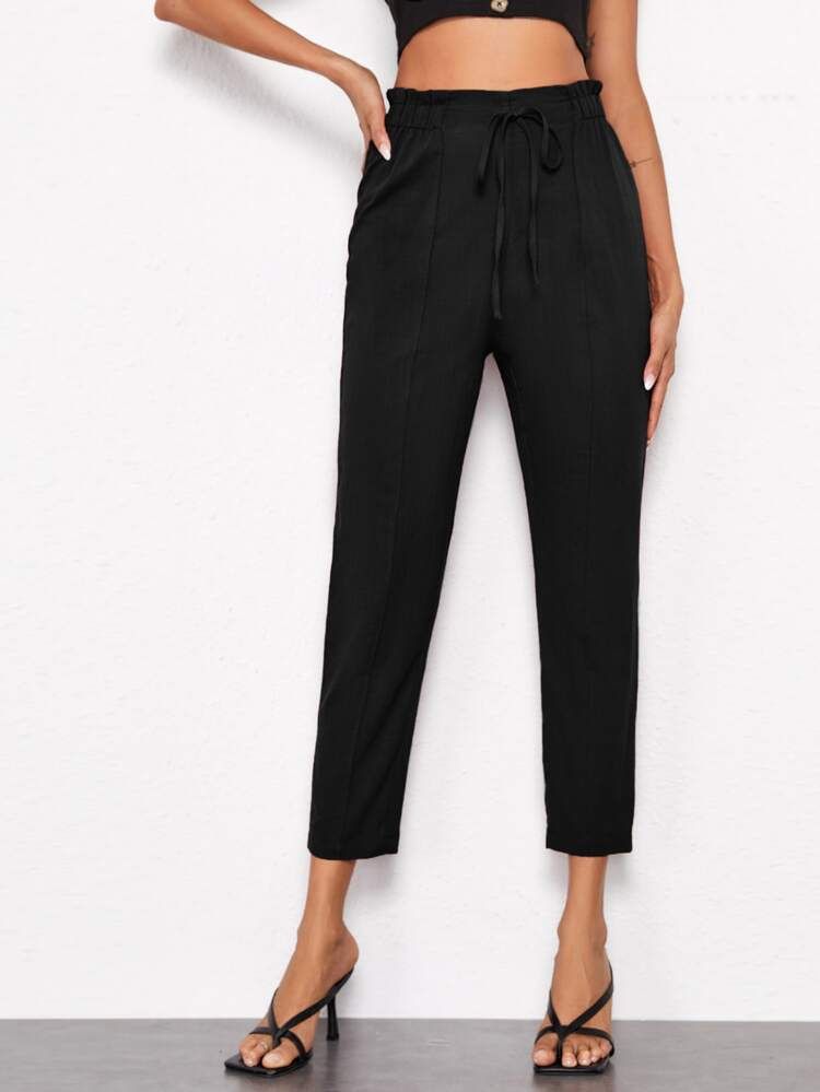 SHEIN Tied Paperbag Waist Seam Front Pants | SHEIN