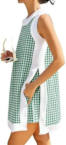 Qiaomai Womens Gingham Plaid 2 Piece Sets Casual Sleeveless Color Block Pullover Tops Matching Sh... | Amazon (US)