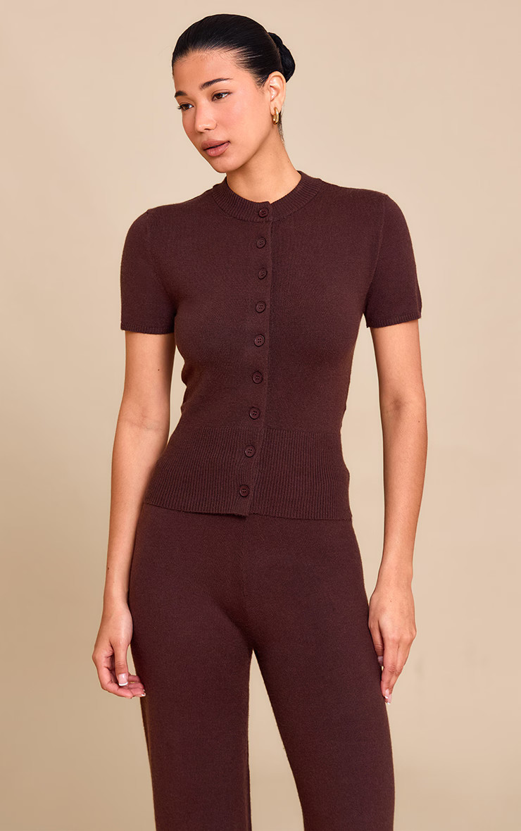 Chocolate  Knit Button Through Top | PrettyLittleThing US