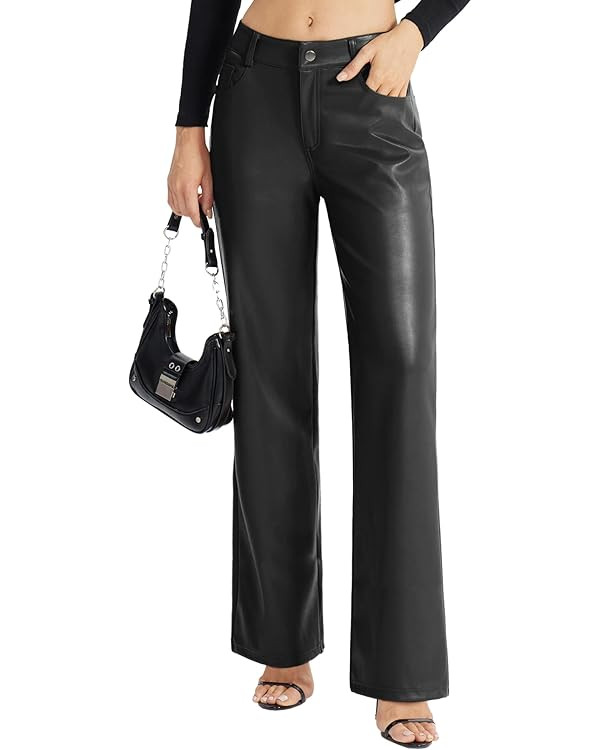 Women's Faux Leather Pants Button PU Jeans Straight Wide Leg Trousers with Pockets | Amazon (US)