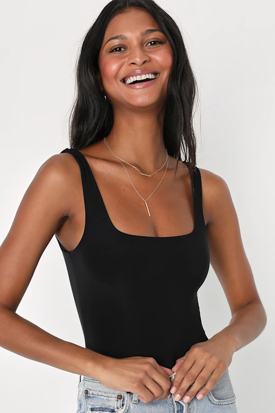 Sophisticated Ease Black Knit Square Neck Bodysuit | Lulus