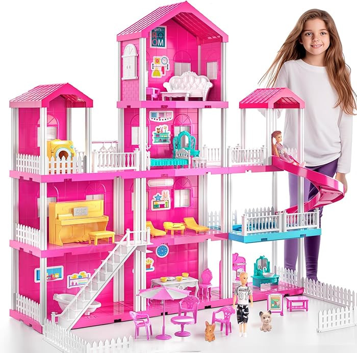 Pink Villa Playset for Girls Ages 3-7, 4-Story 10-Room House with 2 Dolls, Furniture & Accessorie... | Amazon (US)