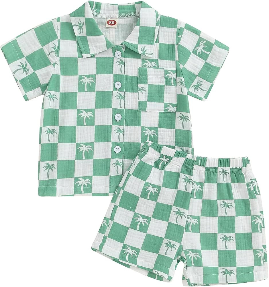 Mandizy Toddler Baby Boy Summer Clothes Checkered Palm Tree Print Shirt Tops and Shorts Set 2Pcs ... | Amazon (US)