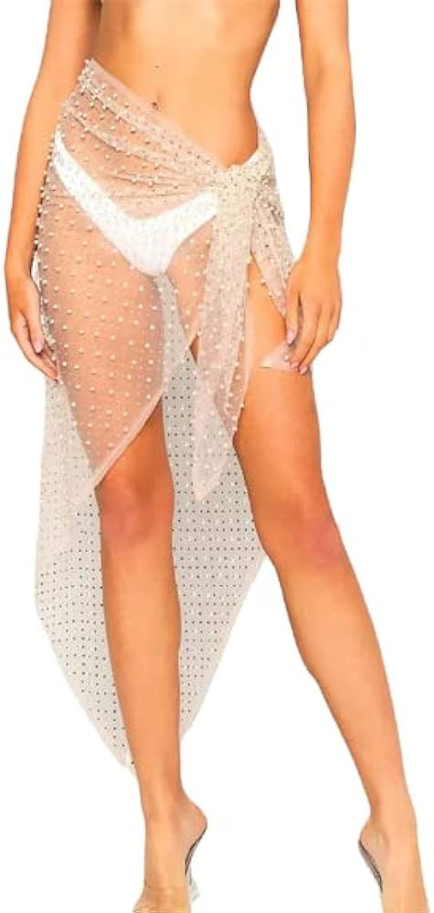 PAODIKUAI Women's Sheer Mesh Swimsuit Rhinestone Pearl Cover Up Beach Sarong Tie Wrap Long Skirt | Amazon (US)