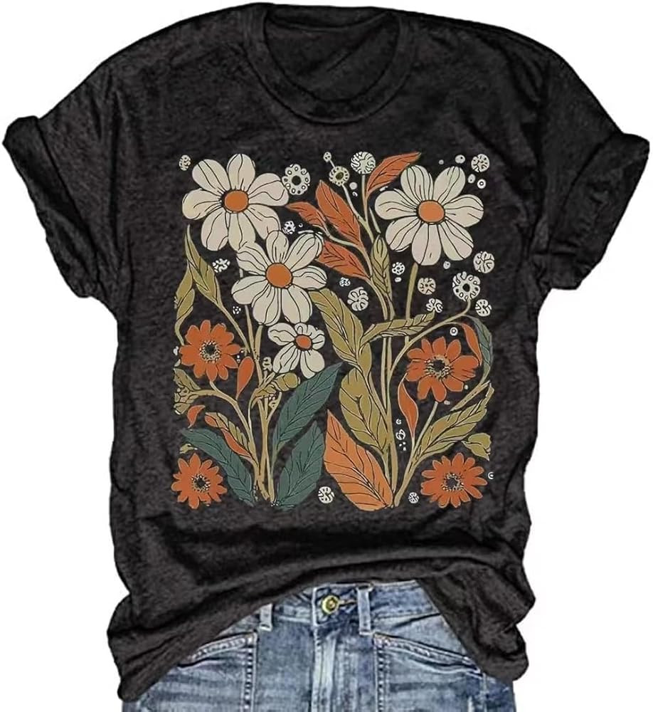 Women's Vintage Floral T Shirt Boho Wildflower Graphic Loose Tees Short Sleeve Casual Tops | Amazon (US)