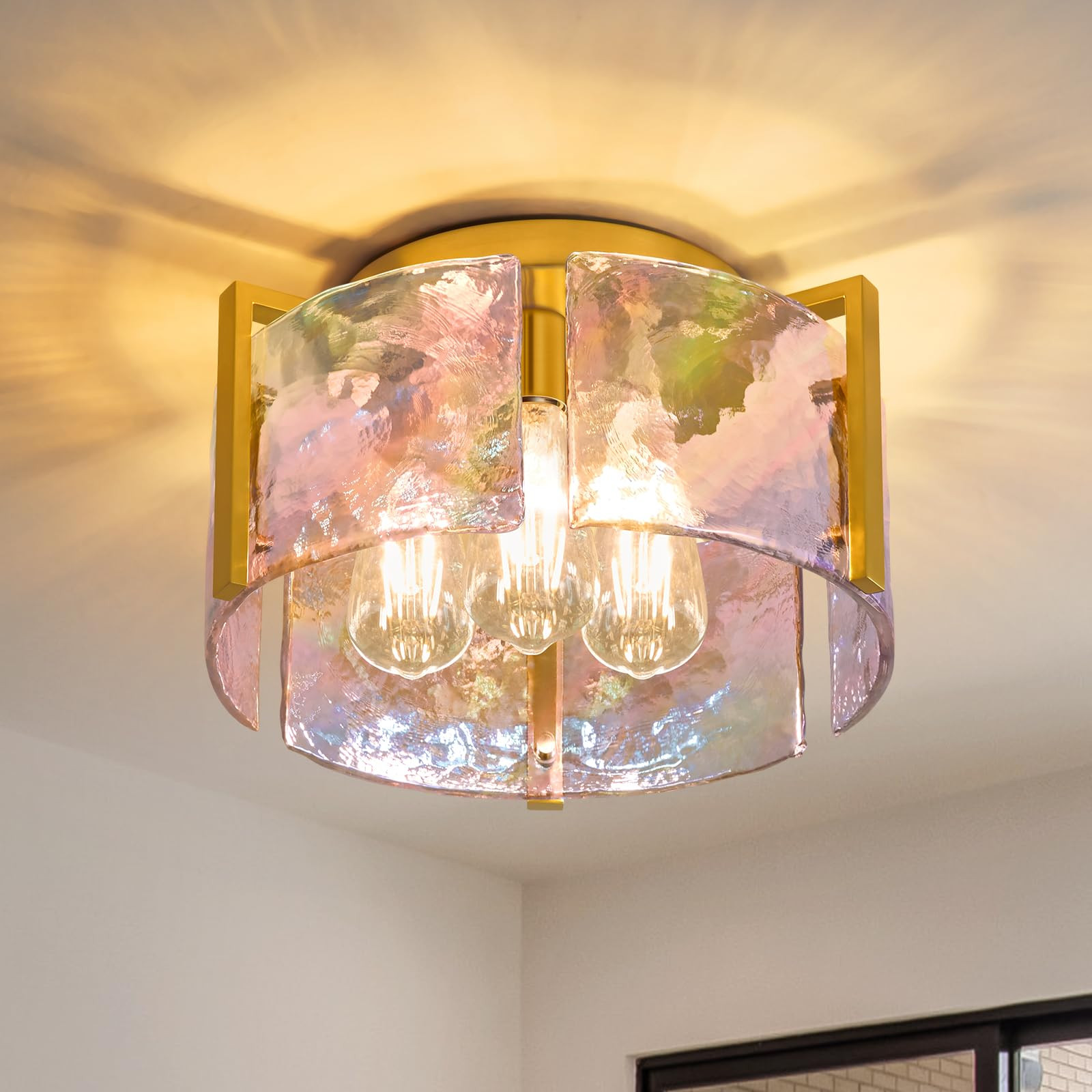 Brushed Gold Semi Flush Mount Ceiling Light Fixture, 14.1'' Modern Drum Glass Hallway Ceiling Lig... | Amazon (US)