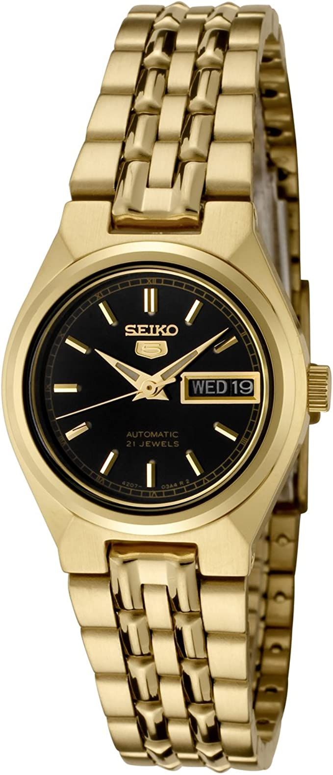 Seiko Women's SYMA06K Seiko 5 Automatic Black Dial Gold-Tone Stainless Steel Watch | Amazon (US)