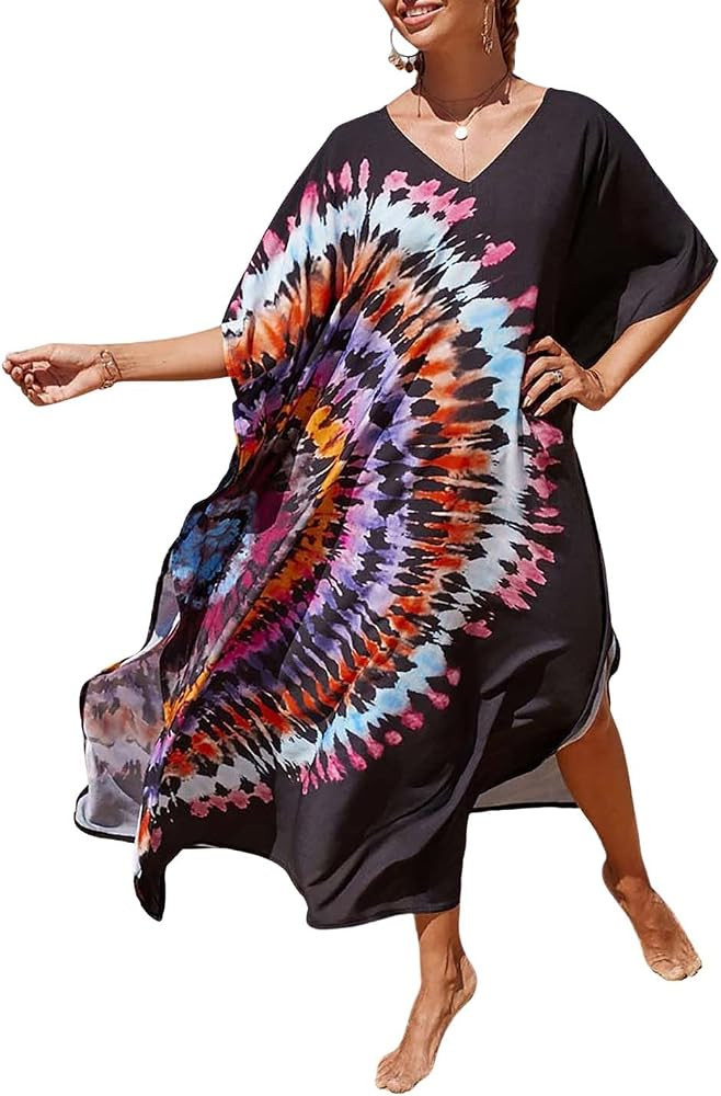 AILUNSNIKA Ethnic Print Kaftan Dresses for Women Plus Size Turkish Swimsuit Cover Ups Long Beach ... | Amazon (US)