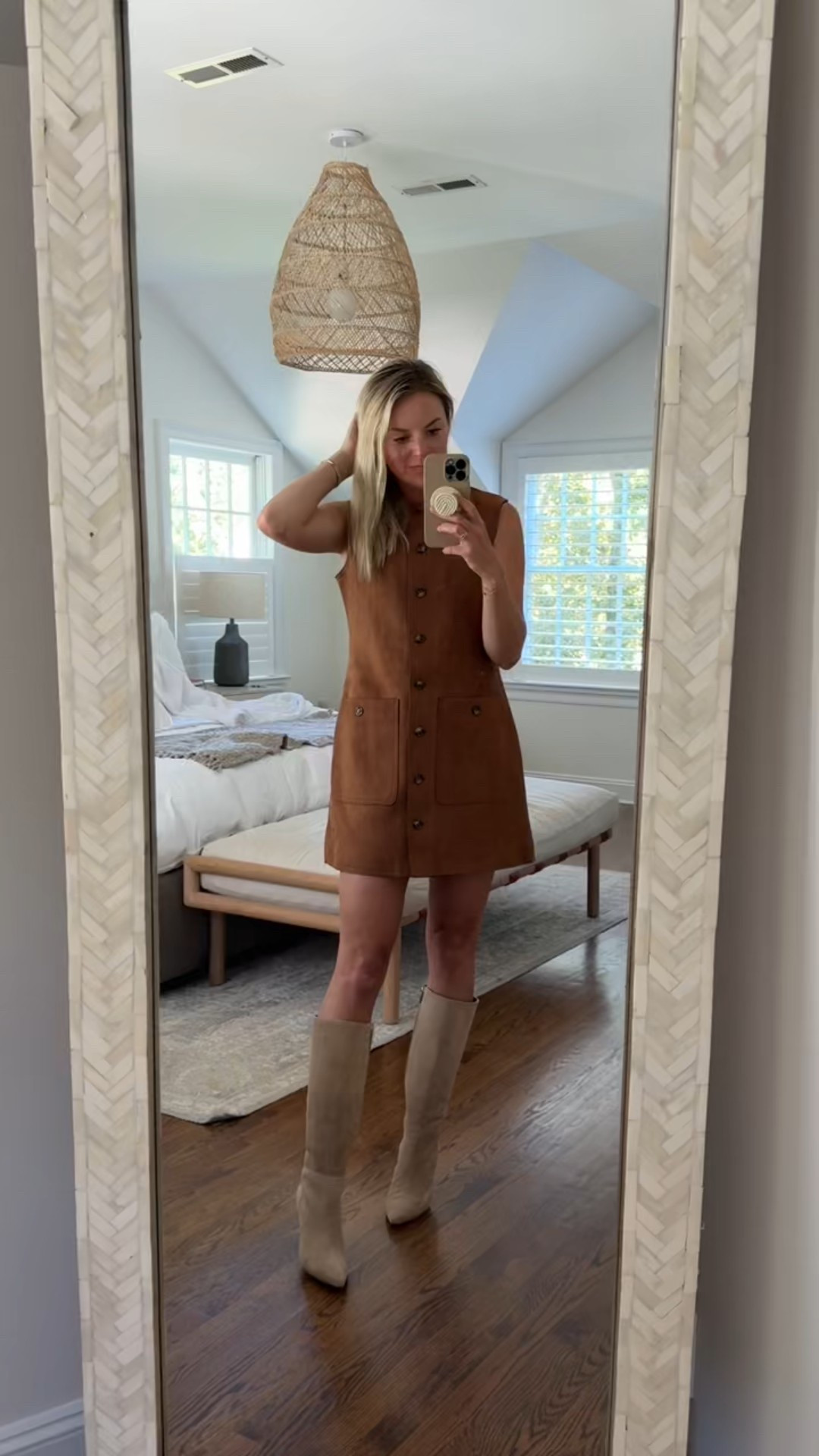 New suede dress from French Connection 🤎 I’m 5’5 wearing a 4, but wish I did a 2 (go with your normal size) // exact boots are old Vince Camaro Tressara, but linked similar 

fall dress, fall boots 

#LTKStyleTip #LTKSeasonal