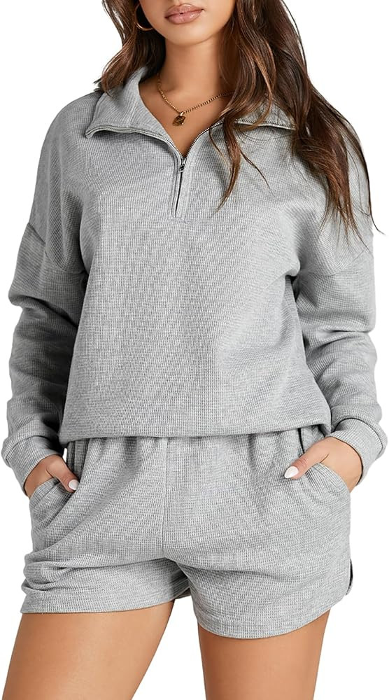 Aleumdr Women's 2 Piece Outfits Zipper Waffle Knit Lounge Sets 2024 Fashion Long Sleeve Shorts Ma... | Amazon (US)