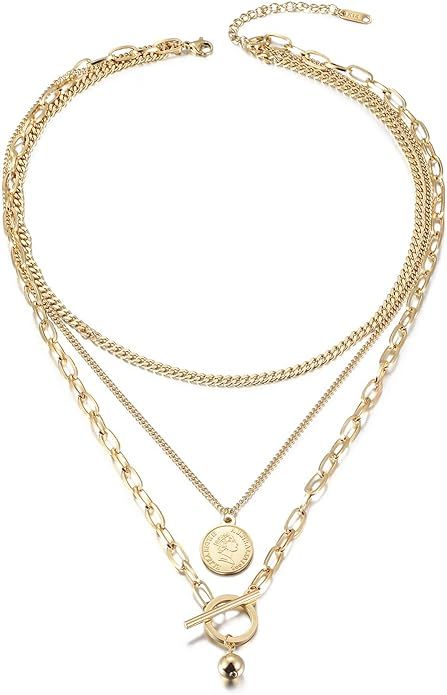 Jinbaoying Gold Coin Necklace for Women Vintage Carved Coin Pendant Necklace 14K Gold Plated Chai... | Amazon (US)