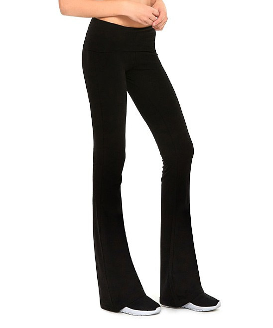 Amerikan Basics Women's Leggings Black - Black Fold-Over Flare Leggings | Zulily