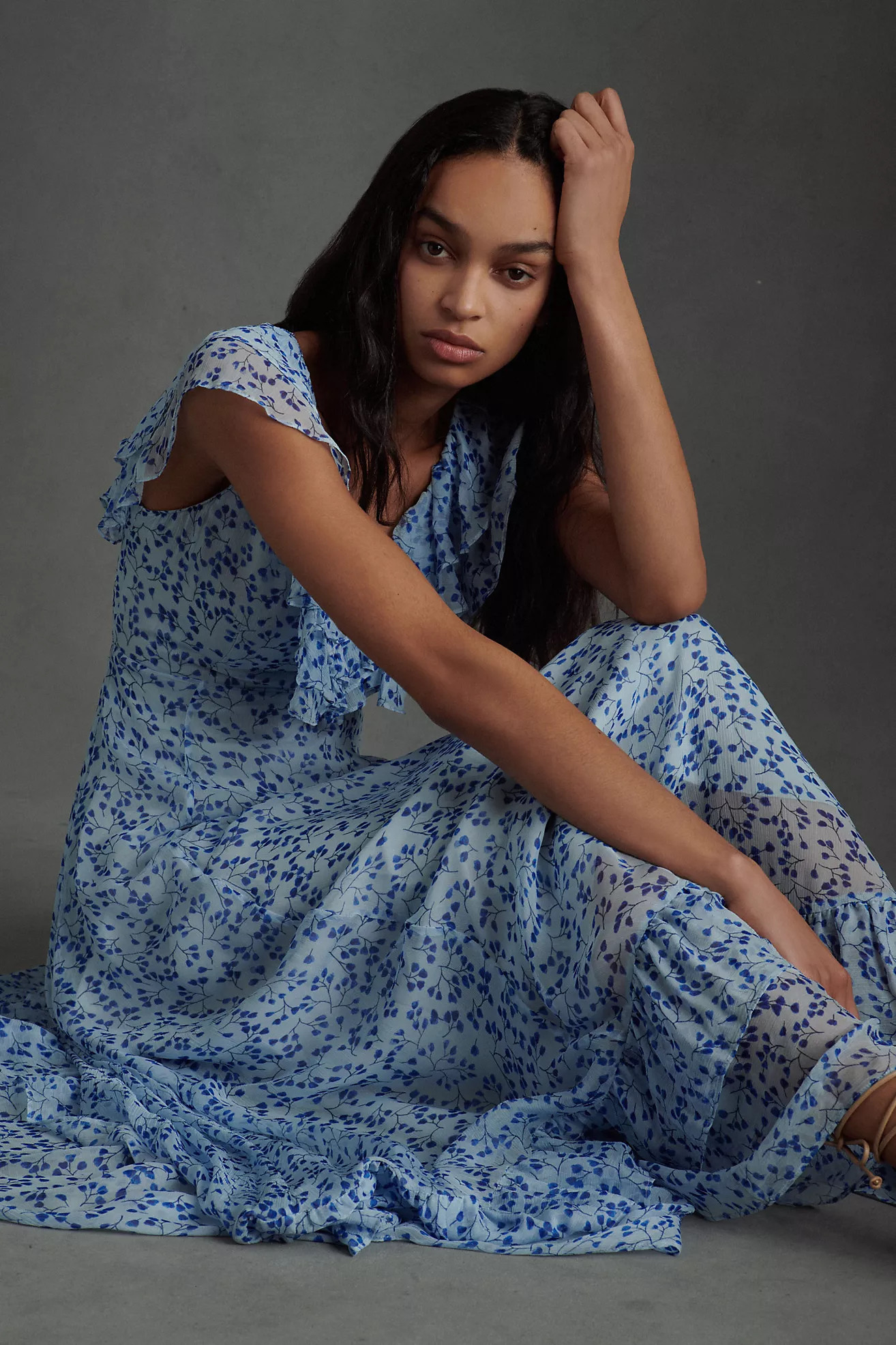 Sachin & Babi Ivy Chiffon Flutter-Sleeve Ruffled V-Neck Gown | Anthropologie (US)