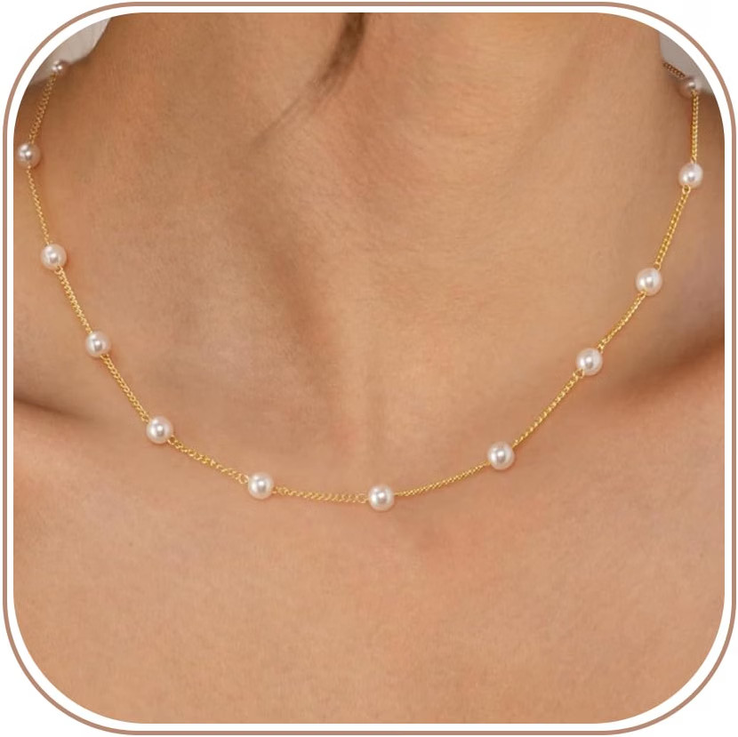 Sewyer Dainty Gold Pearl Necklace for Women 14K Gold Plated Minimalist Pearl Chain Necklace Classic Tiny Pearl Beaded Necklace Delicate Everyday Jewelry Gift | Amazon (US)
