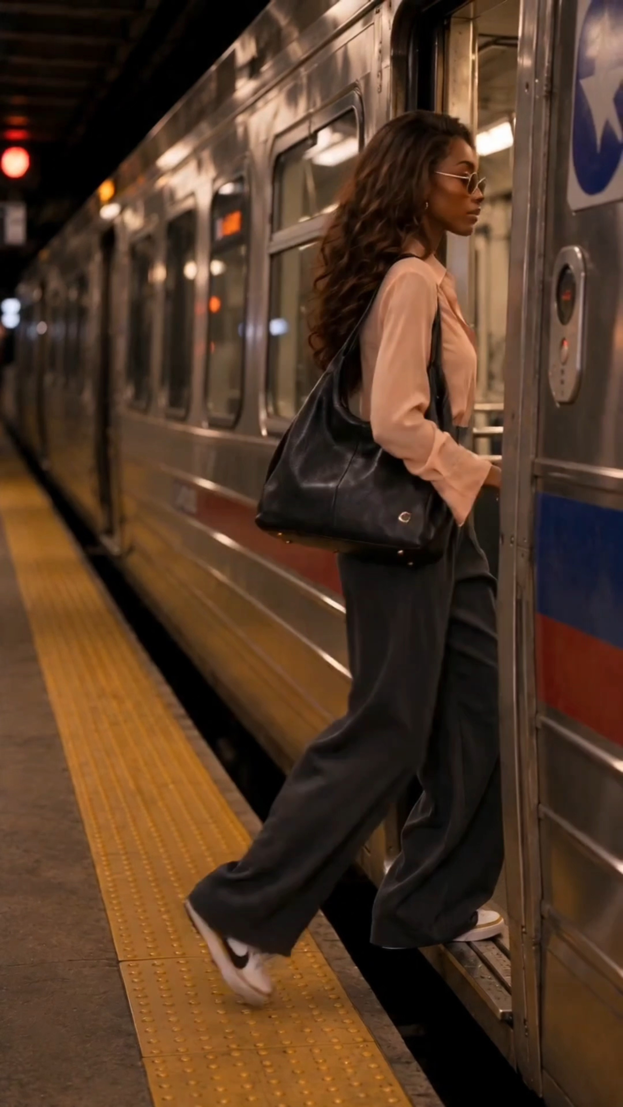 Proof that sometimes the looks you throw together become the ones people remember. ✨I was running a little behind, so I paired a blush chiffon button-down with charcoal wide-leg trousers, white Nike Court sneakers, my Coach Lana bag, warm brown sunglasses, and everyday gold jewelry. Simple, polished, comfortable—and apparently memorable enough for a stranger on the train platform to tell me, “You always dress so beautifully.”An effortless workwear look for the commute, the office, and everywhere in between. Shop the look below. 🤎

#LTKdayinmylife #LTKWorkwear #LTKTall